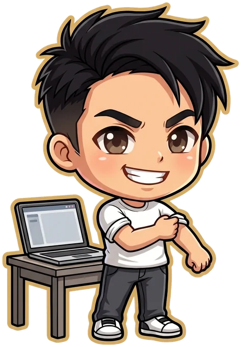 David rolling up his sleeve beside a laptop, grinning