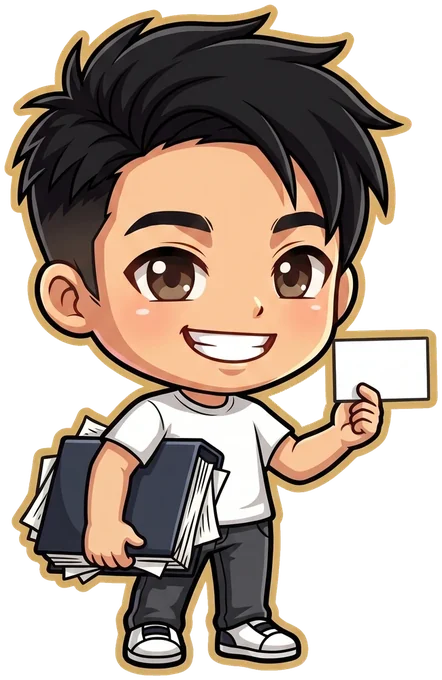 David holding an overstuffed binder under one arm and a single neat card in the other hand