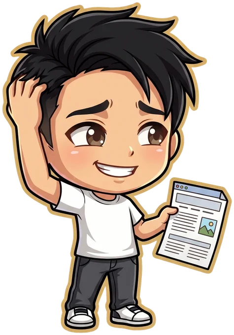David smiling sheepishly, scratching his head, holding up a finished page
