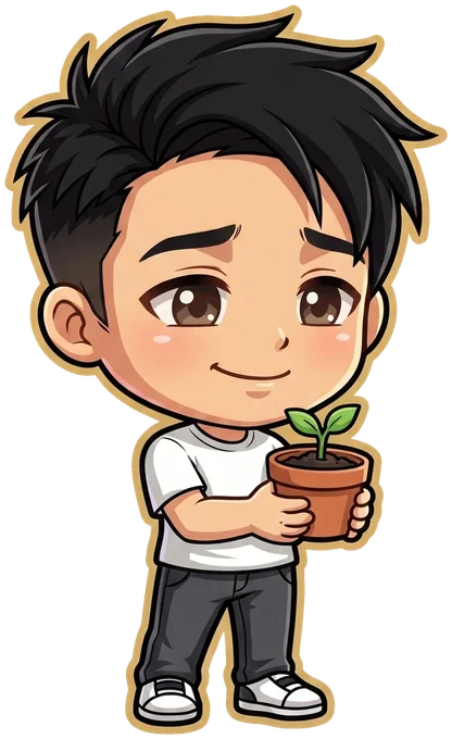 David holding a small potted seedling in both hands, smiling at it