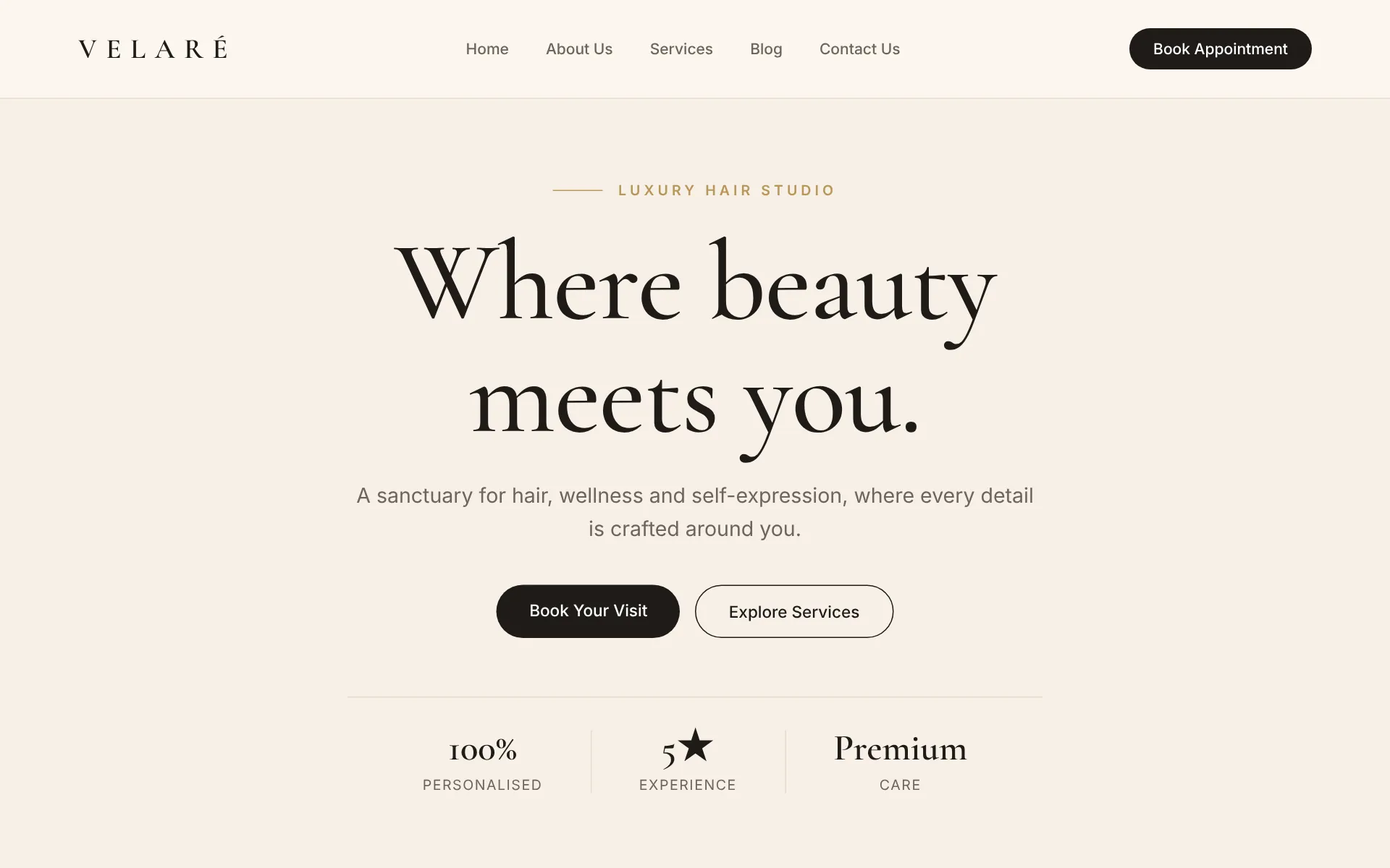 A generic salon homepage: centred serif headline, two buttons, three badges