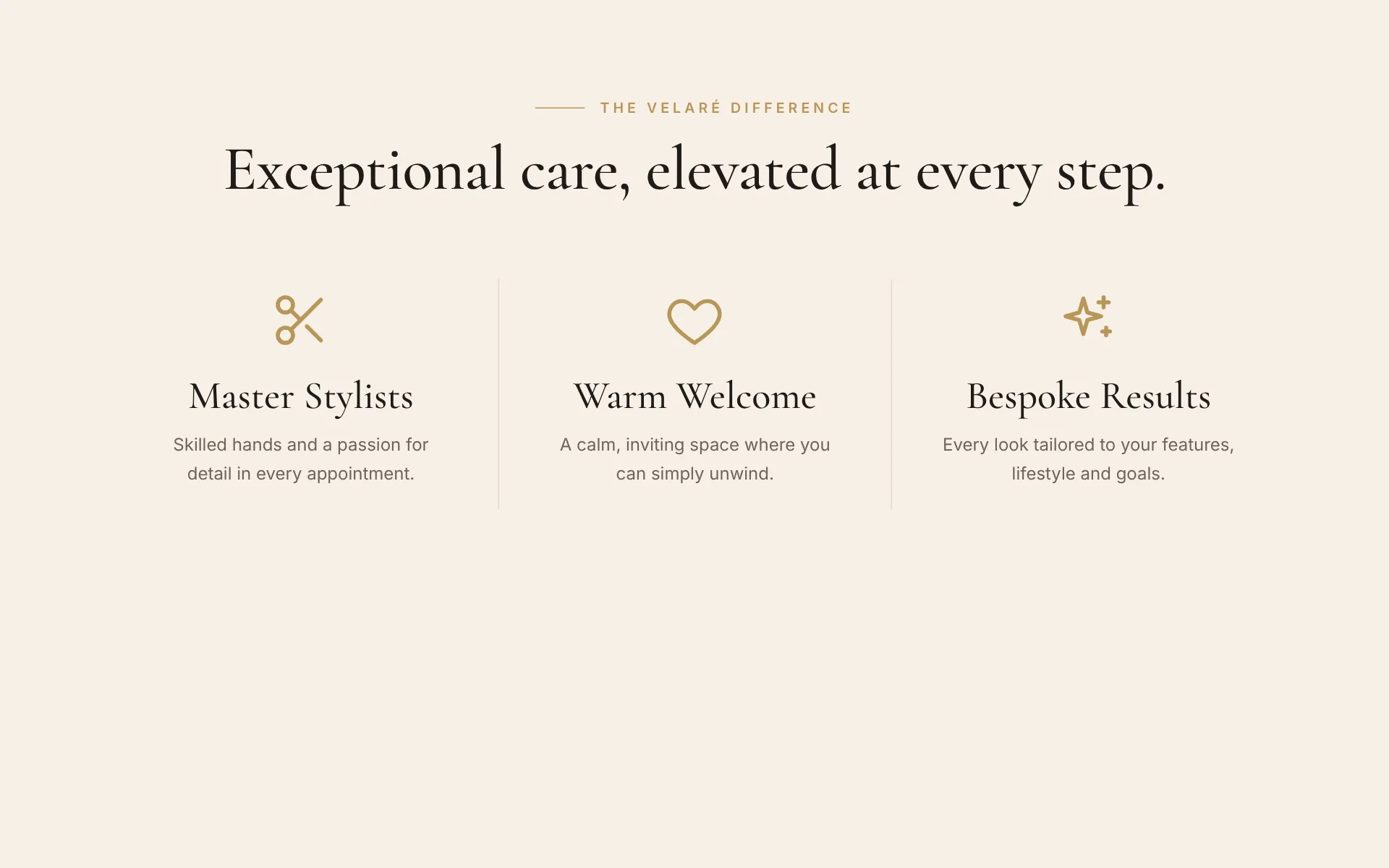 Three columns with scissors, heart and sparkle icons