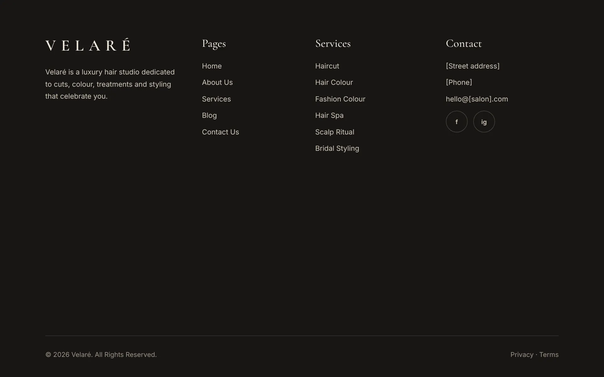A dark four-column footer