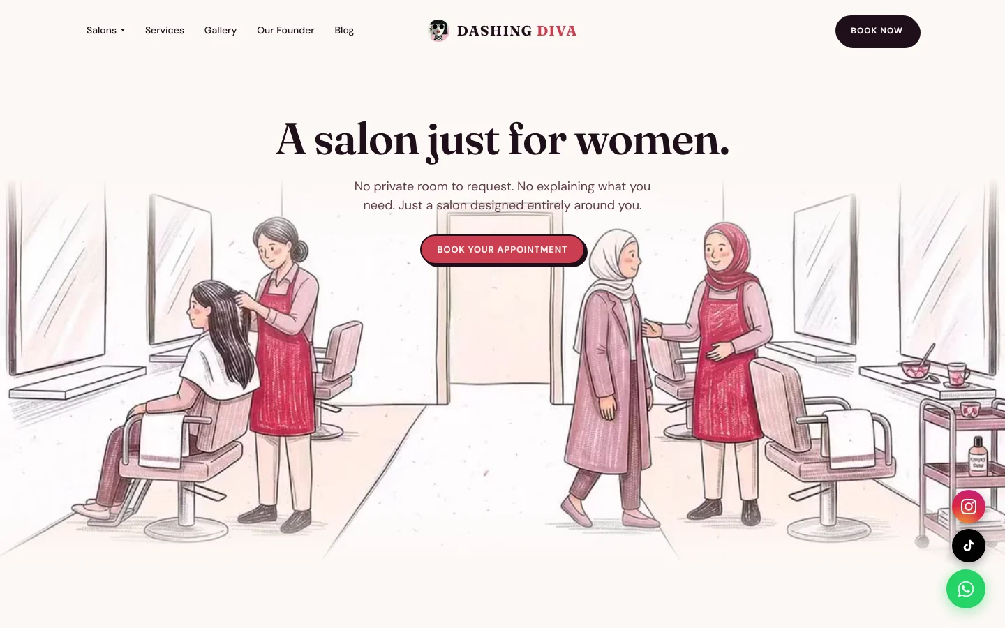 The Dashing Diva homepage: an illustrated salon under the headline “A salon just for women.”