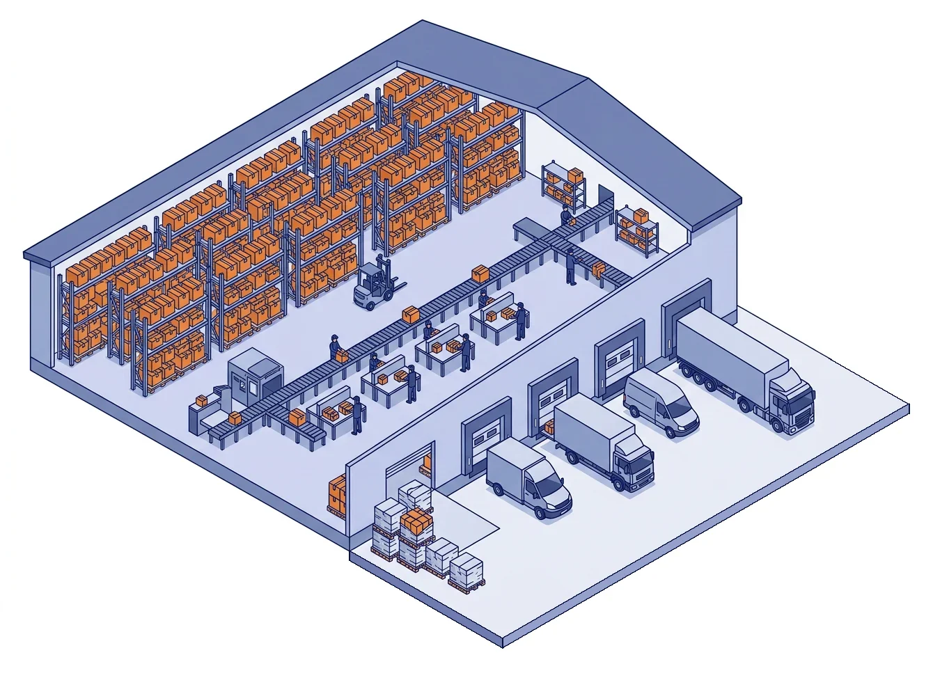 An isometric cutaway of an SNT warehouse, racking, packing lines and loading bays.