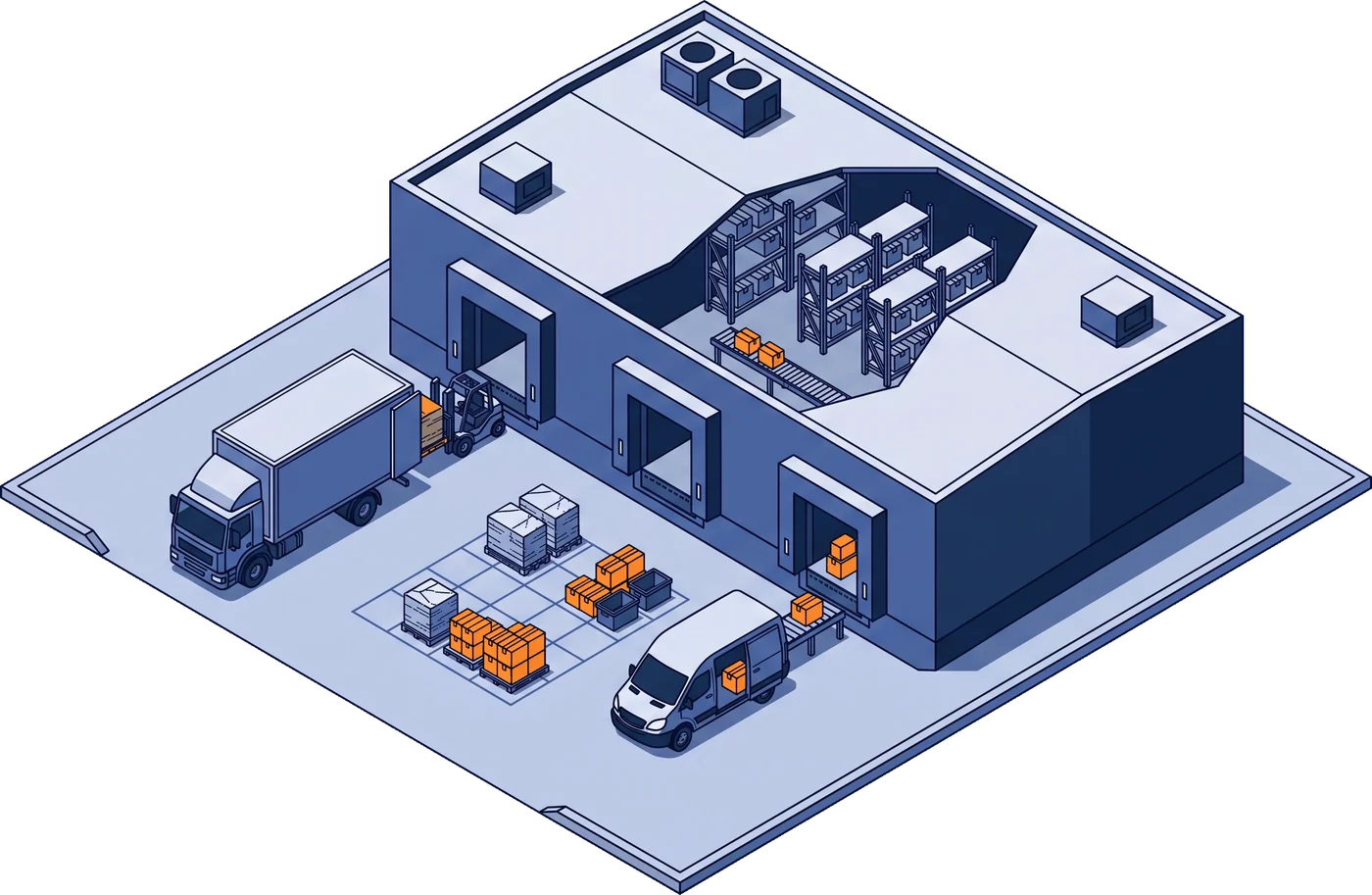 An isometric drawing of an SNT transport depot, lorries at the loading bays.