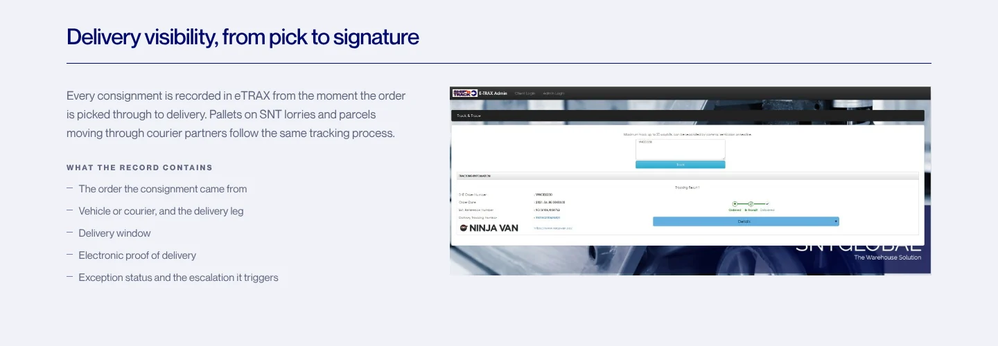 The eTRAX section of the Transport and Delivery page, what each tracking record contains beside a screen from eTRAX.