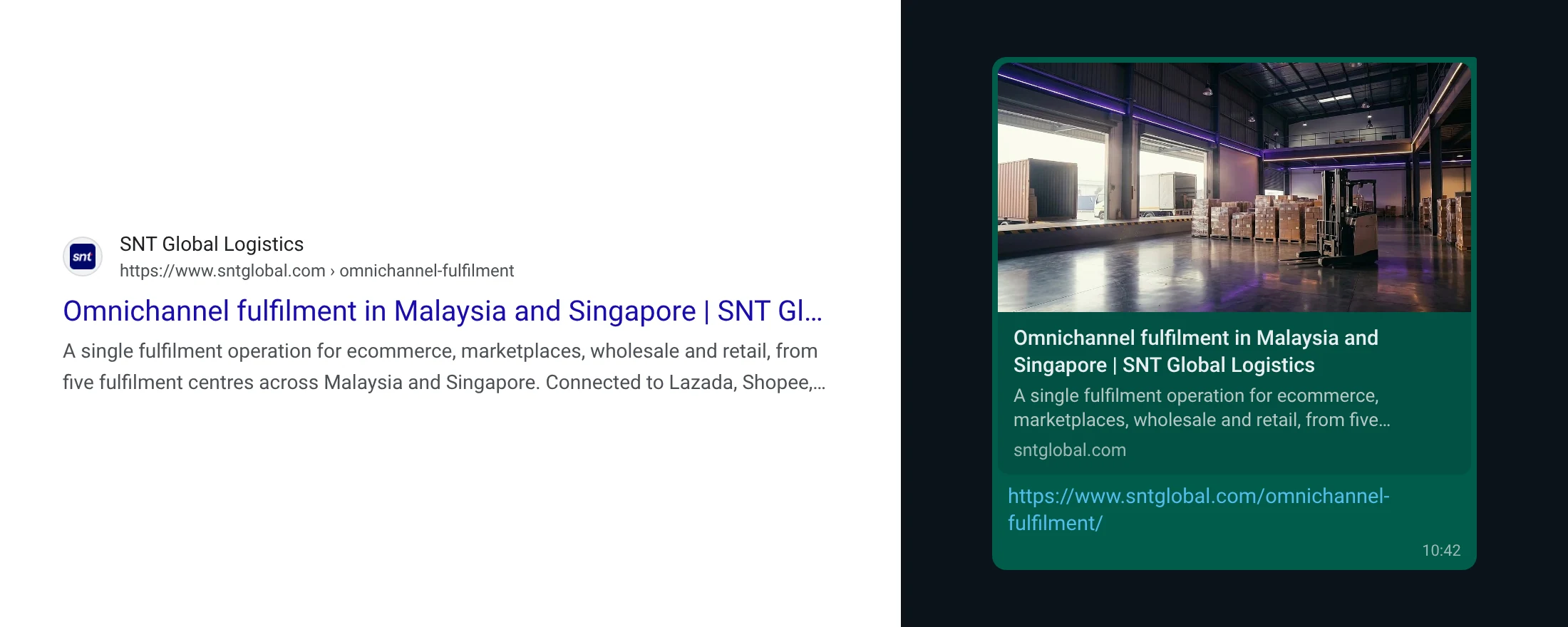 The Omnichannel Fulfilment page as a Google result, its title and summary under the SNT name, and as a WhatsApp link with the fulfilment centre photograph, title and summary.